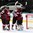 MINSK, BELARUS - MAY 10: Latvia's Kaspars Daugavins #16, Roberts Lipsbergs #29, Ronalds Kenins #91 and Edgars Masalskis #31 celebrating after a 3-2 preliminary round win over Finland at the 2014 IIHF Ice Hockey World Championship. (Photo by Andre Ringuette/HHOF-IIHF Images)

